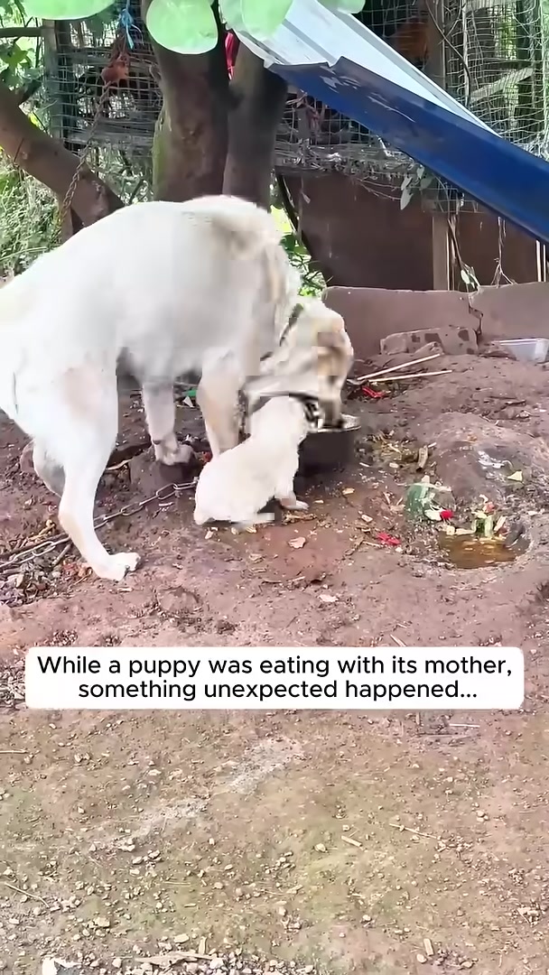 A large white dog and a small white puppy eating from a bowl.