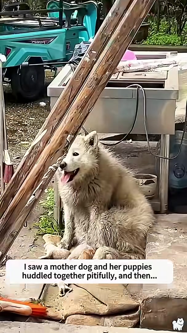 A mother dog and her puppies huddled together in a distressed state.