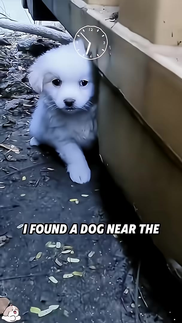 A small, fluffy white puppy peeking out from a gap under a large shipping container.
