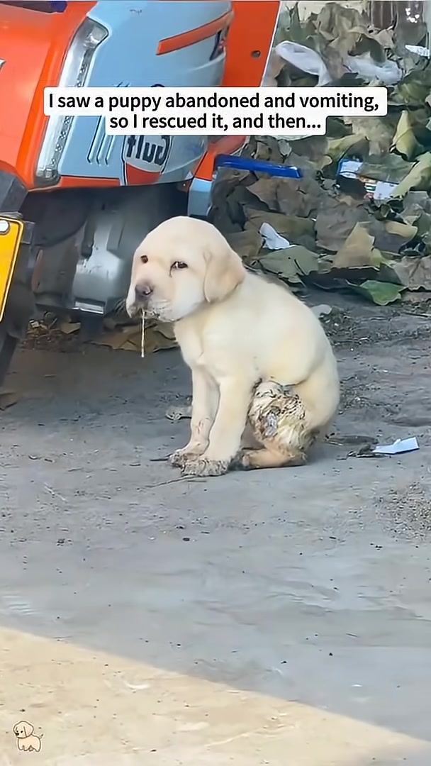 A small, pale puppy sits alone on the ground, looking weak and unwell, with vomit on its snout.