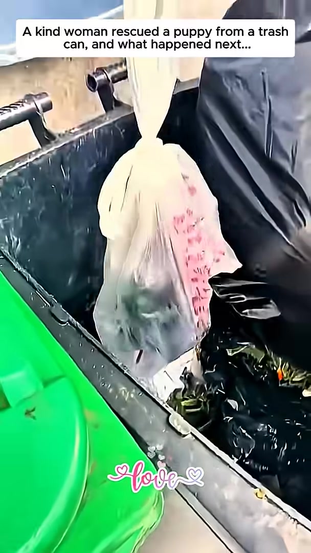A hand reaching into a trash can, about to rescue a small puppy.
