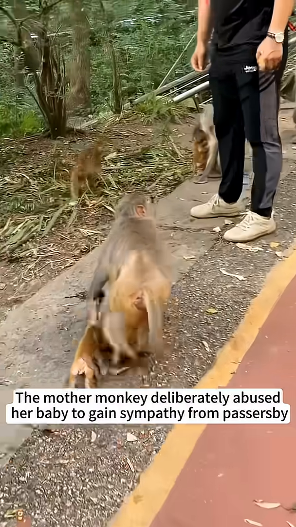 A mother monkey is seen roughly handling her infant, with onlookers in the background.