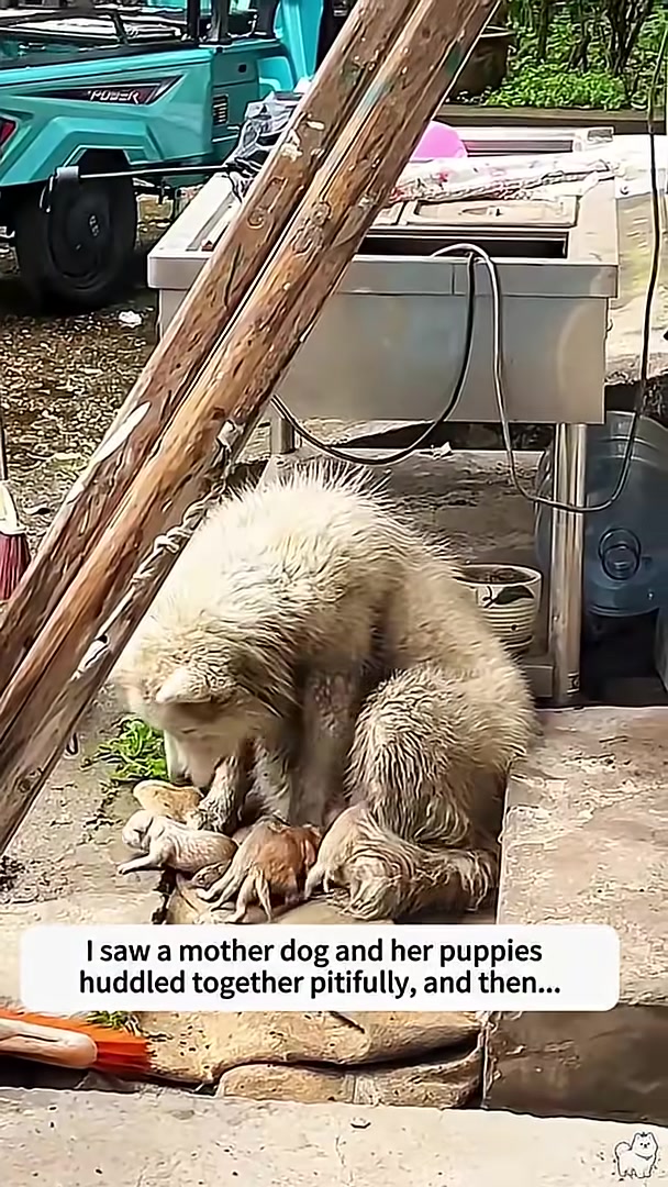 The mother dog and puppies are provided with a makeshift shelter.