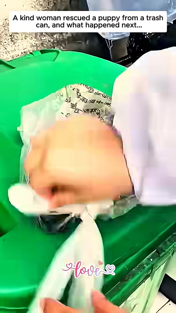 A person's hands carefully lifting a tiny, black puppy out of a trash bag.
