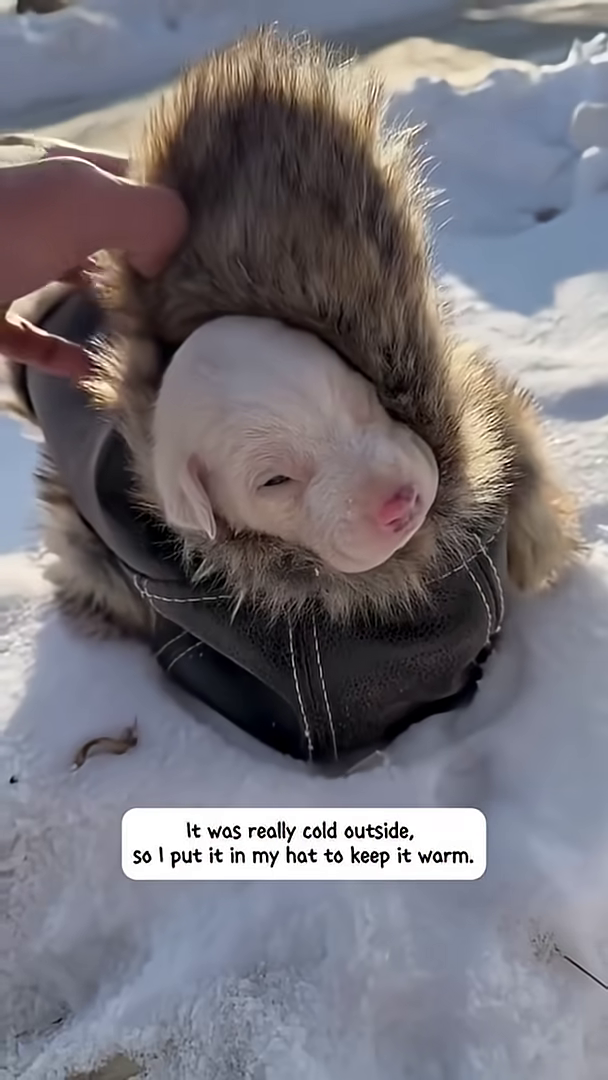 A person's hand is gently placing a small white puppy inside a warm hat.