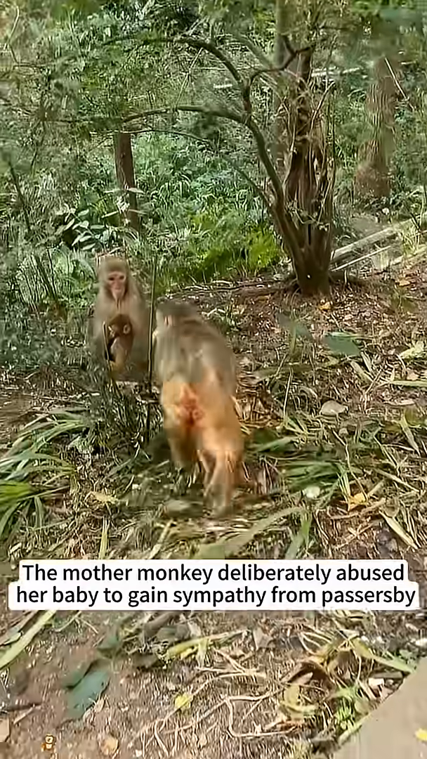 The mother monkey walks away, leaving her injured baby lying on the ground.