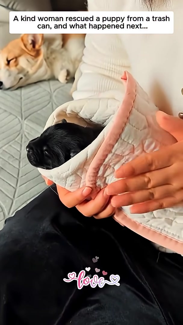 A small black puppy is nestled and wrapped in a soft, white blanket.