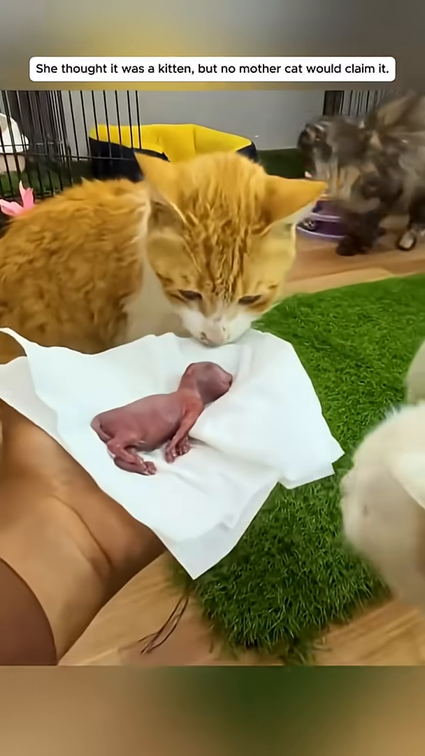 A mother cat looks at the tiny creature with indifference.
