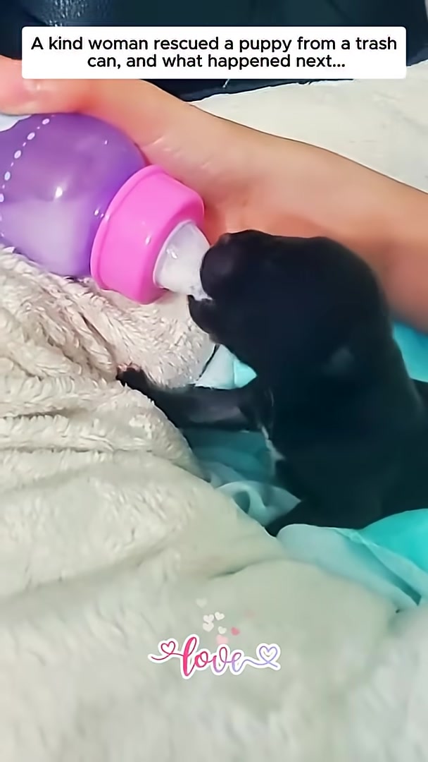 A close-up of a tiny black puppy being fed milk from a syringe.