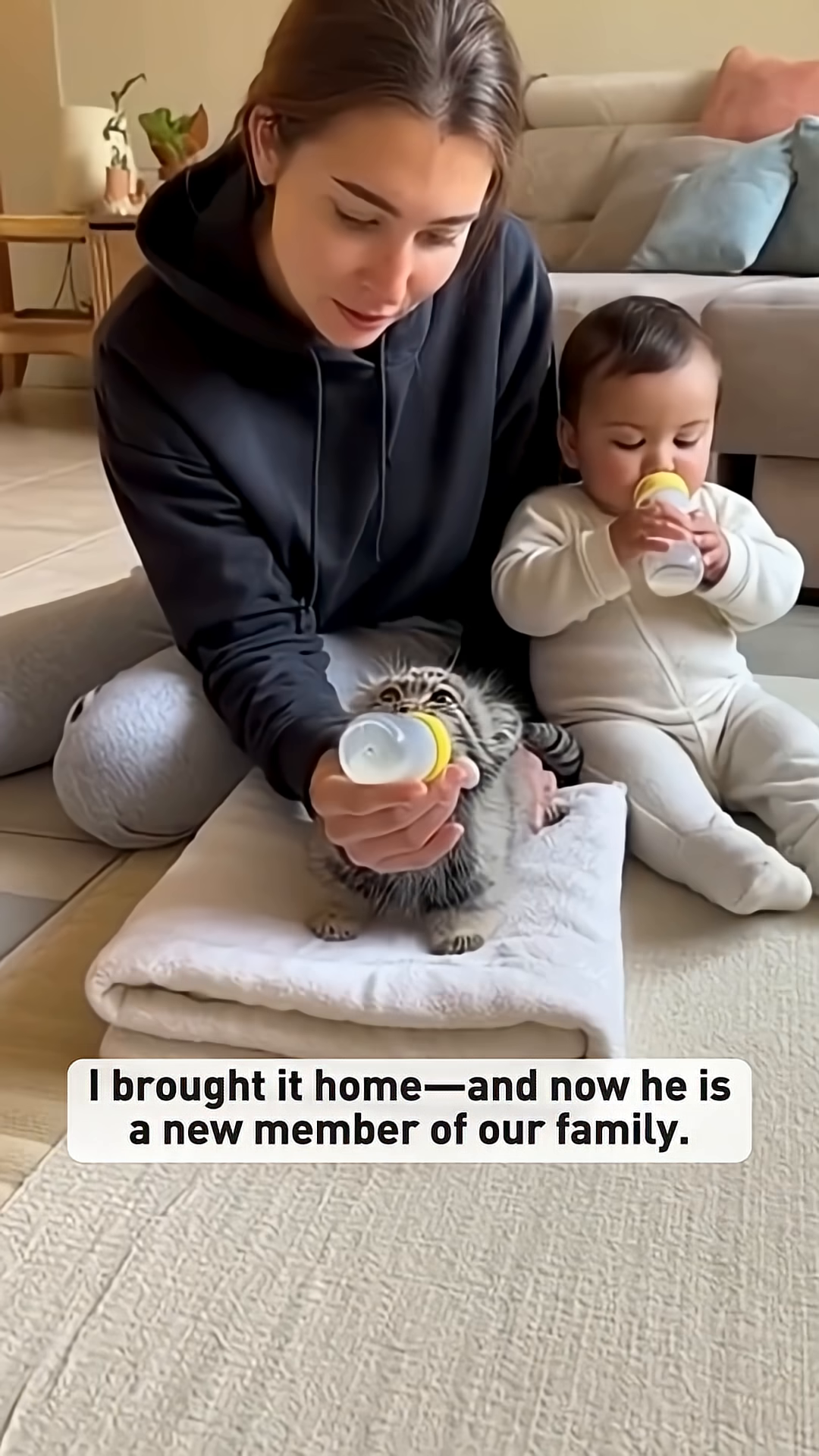 A woman holds a baby while a Pallas's cat kitten drinks from a bottle, nestled on a blanket.
