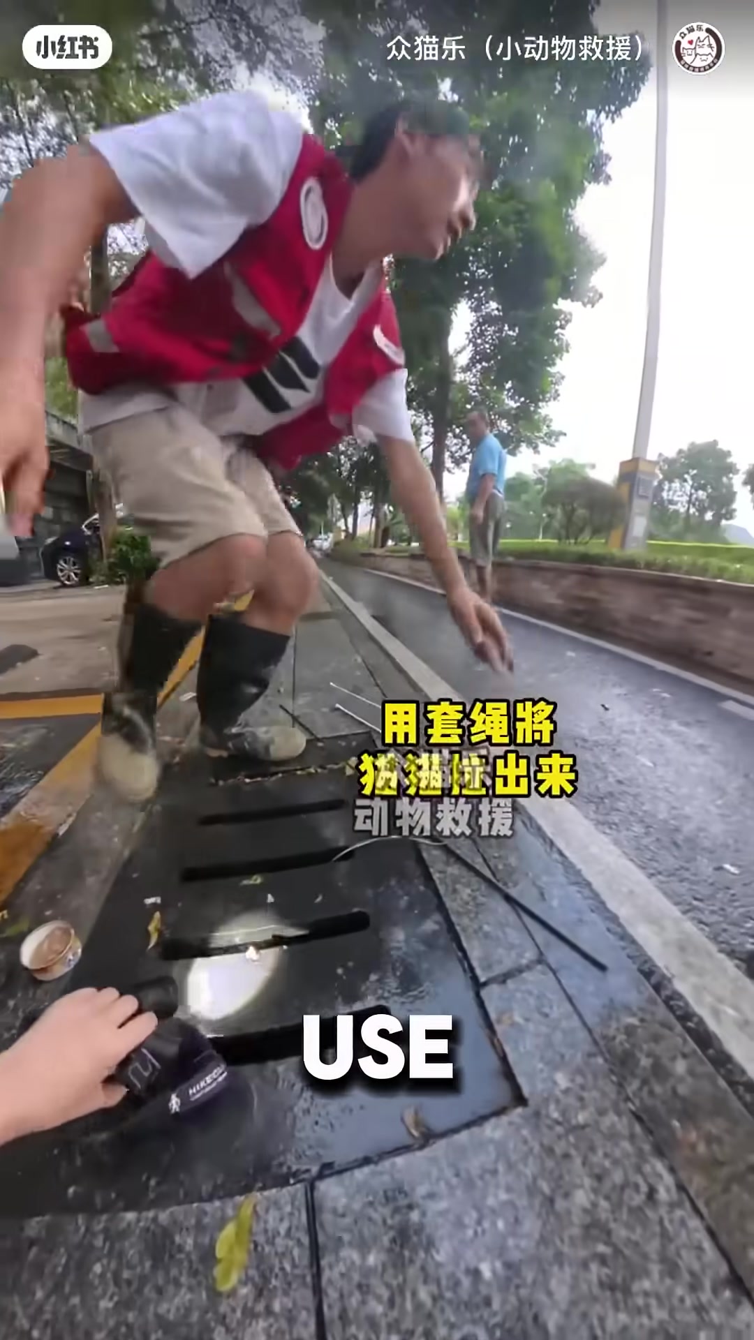 Rescuers carefully using a rope to catch the frightened kitten in the drain.