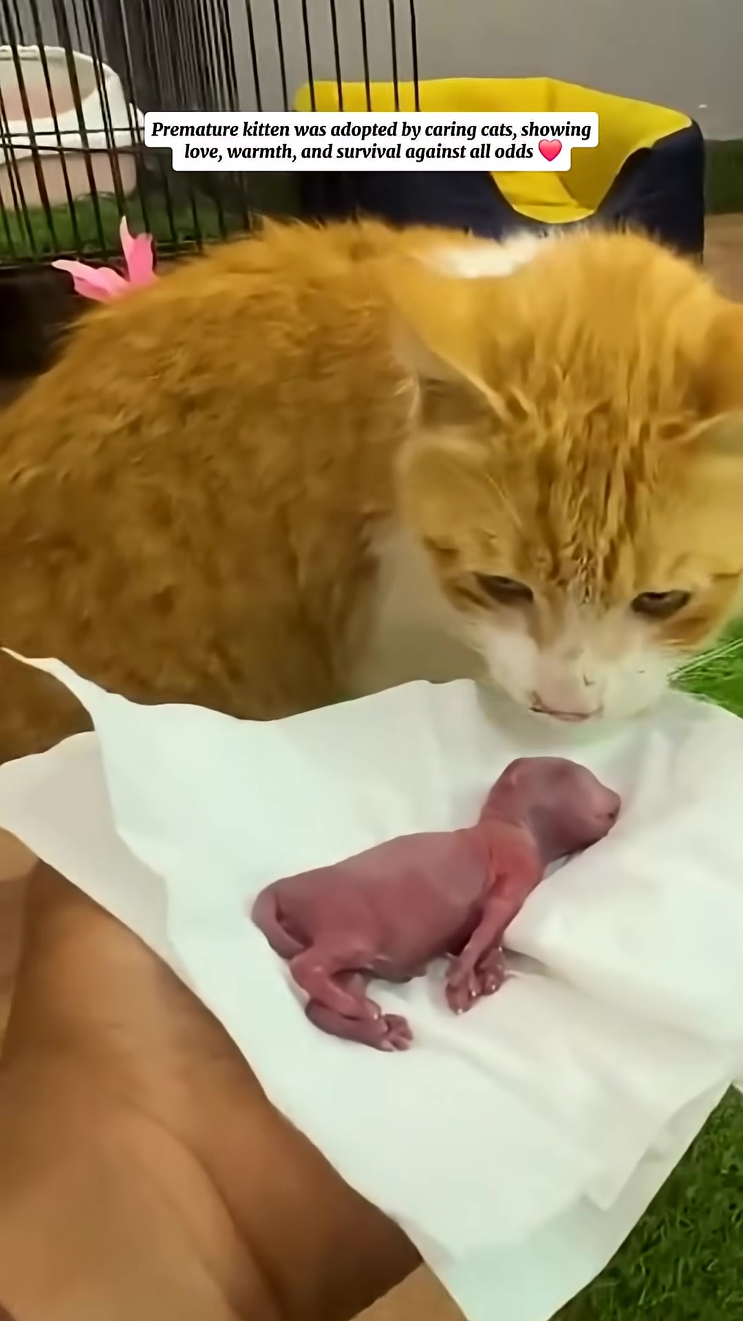A motherly cat gently sniffs the tiny kitten, showing curiosity and a potential for acceptance.