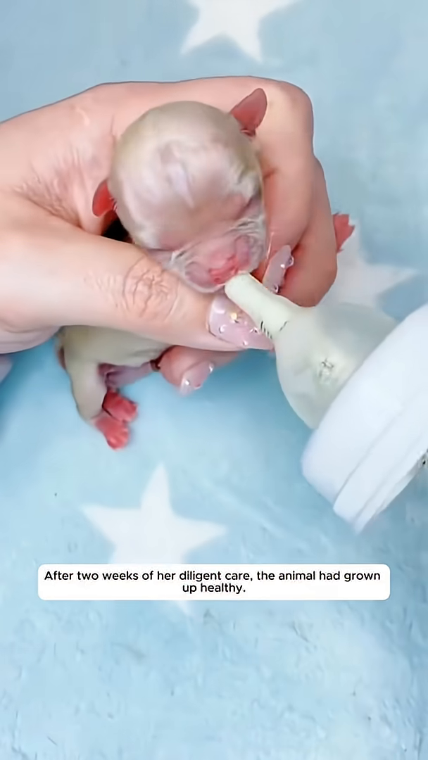 A tiny creature being fed with a bottle by a person's hand.