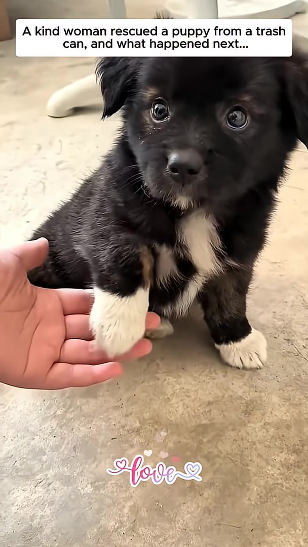 A small black puppy extends its paw towards a human hand.