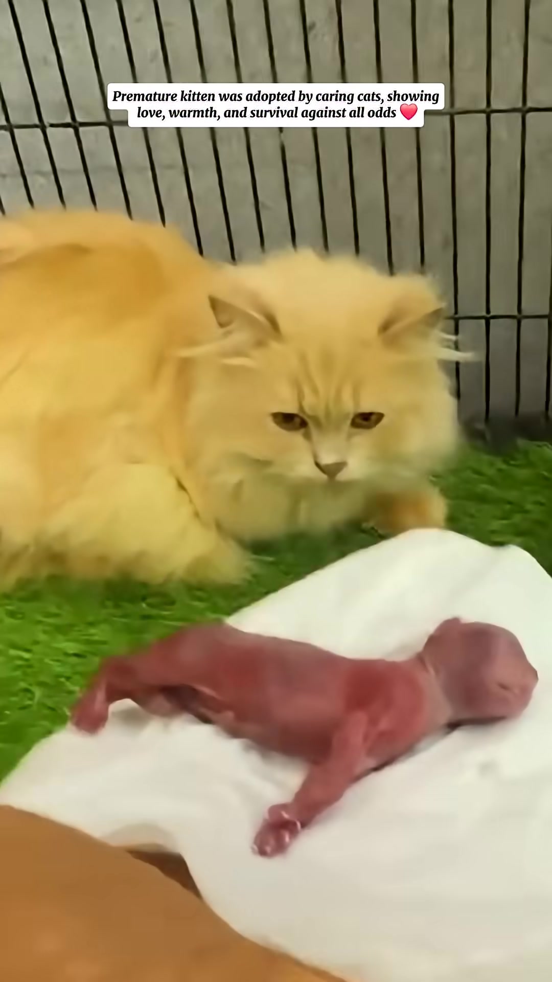A fluffy cat looks down at the kitten, its expression suggesting acceptance into the feline group.