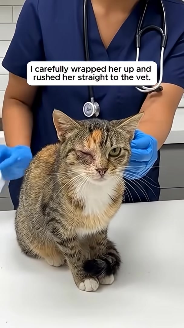 A person wearing blue gloves gently cleans the infected eye of a calico cat.