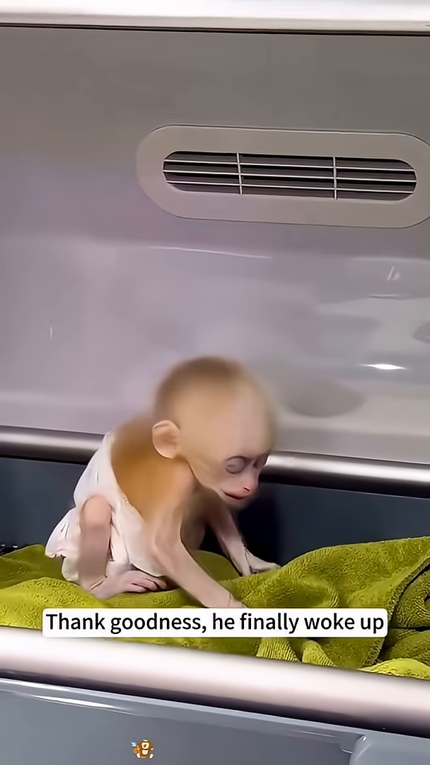 The baby monkey, now looking healthier, takes its first steps on a soft surface.
