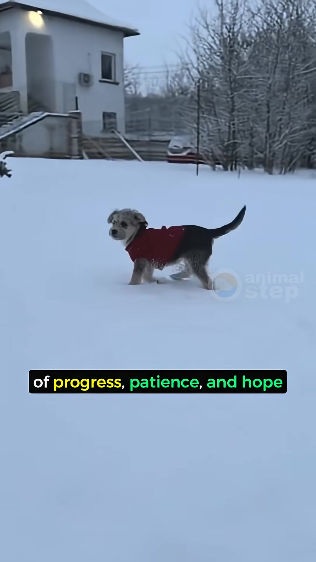 A small puppy, wearing a sweater, interacts playfully with a larger dog in the snow.