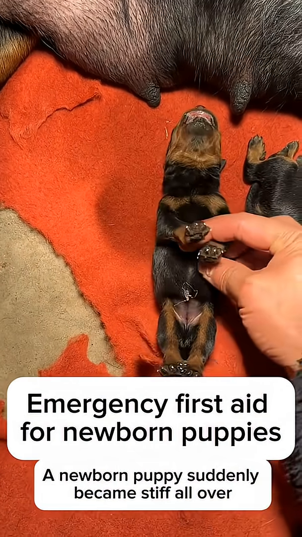 The mother dog gently nuzzles the puppy, which is now resting in human hands.