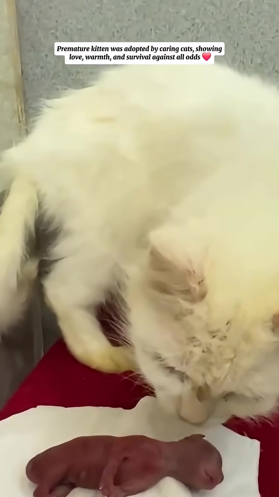 The cats gently groom the tiny kitten, demonstrating their nurturing and protective instincts.