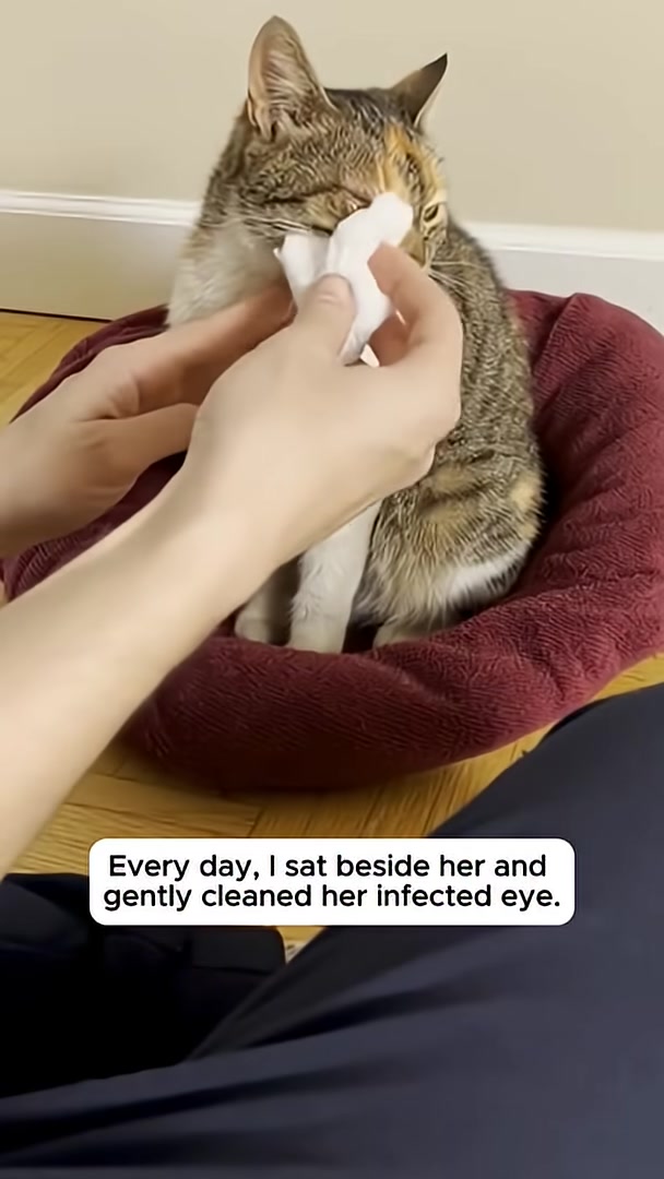 A person's hands gently clean a calico cat's infected eye with a wipe.