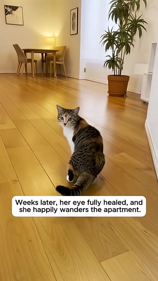 A healthy calico cat looks alertly at the camera, sitting on a wooden floor in an apartment.