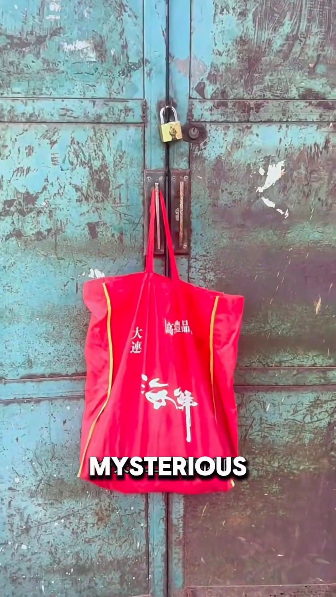 A red bag hangs from a locked door.
