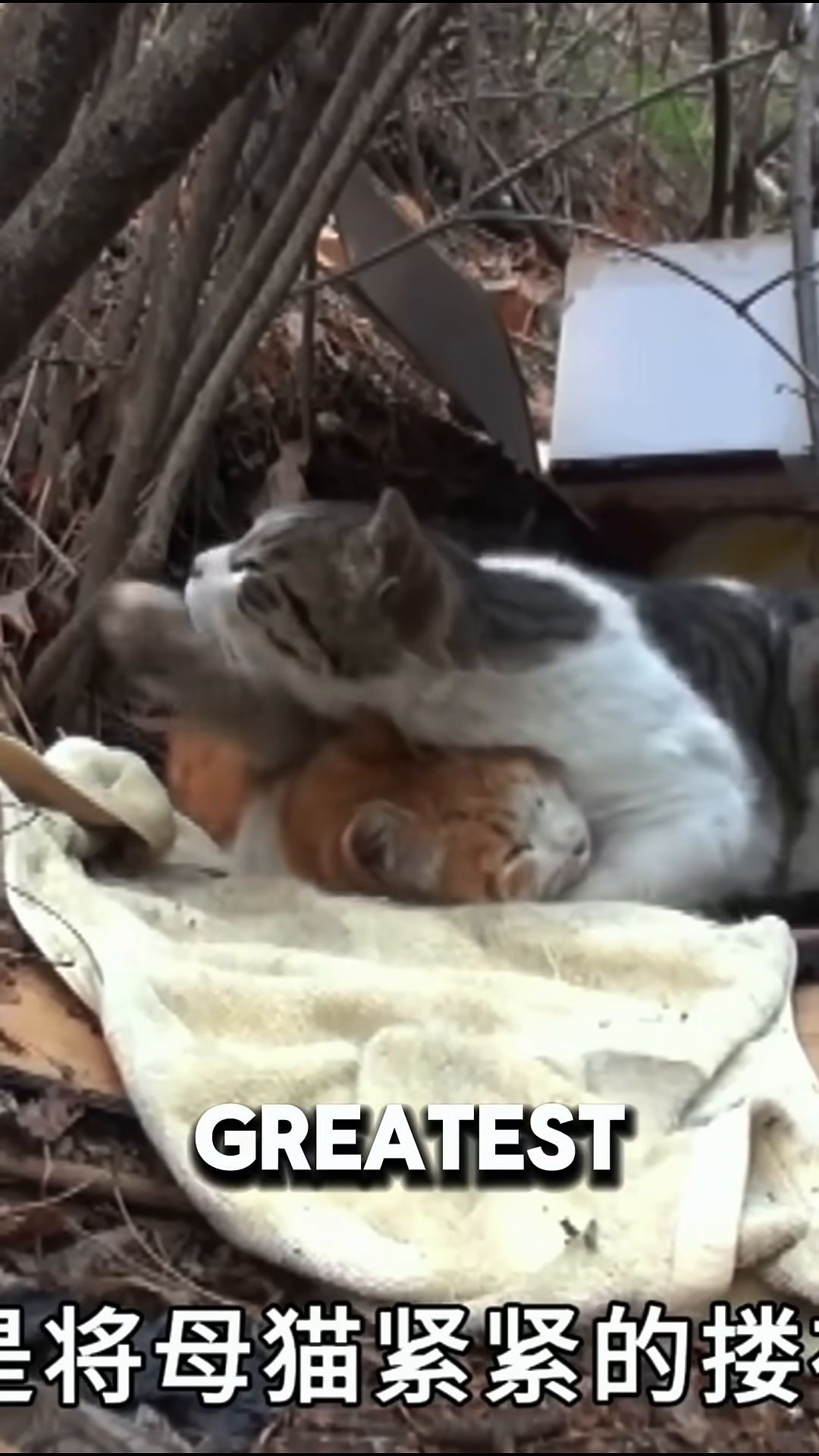 A tabby and white cat are curled up together, with the tabby cat protectively holding the ginger cat.