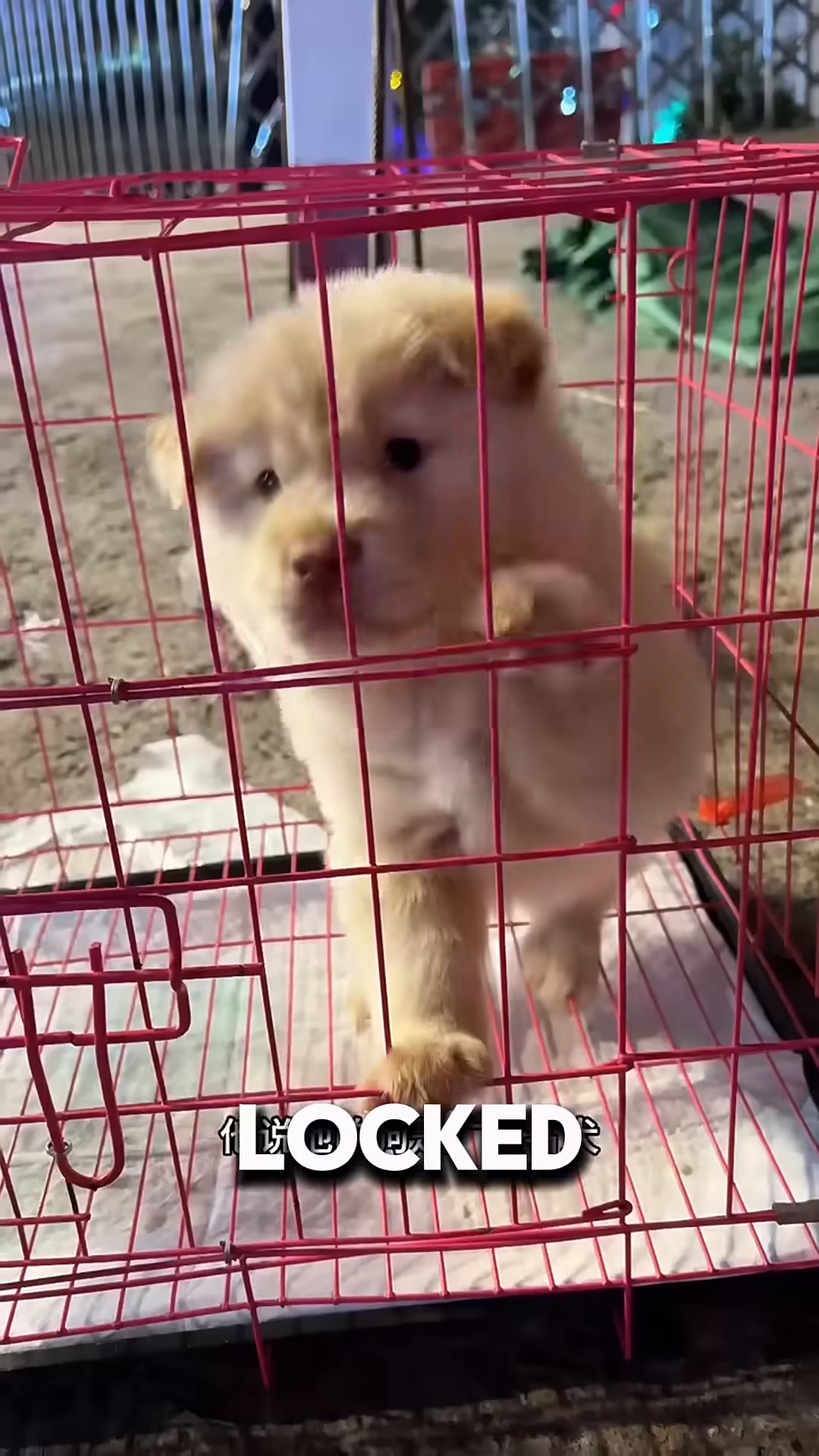A small, fluffy puppy sits alone in a pink cage, looking forlorn.