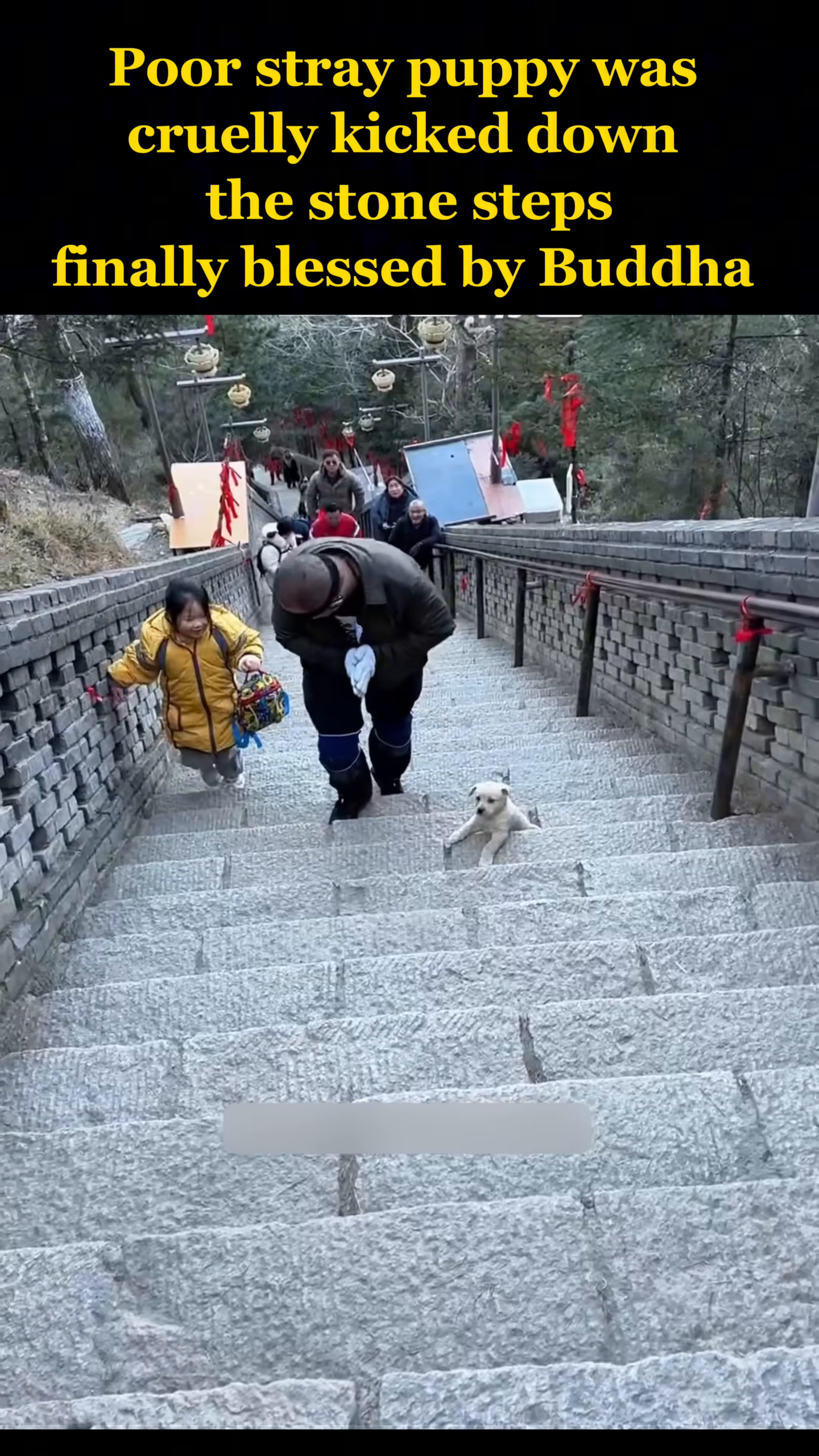 A view of the stone steps leading up Mount Wutai, with prayer flags and lanterns visible.