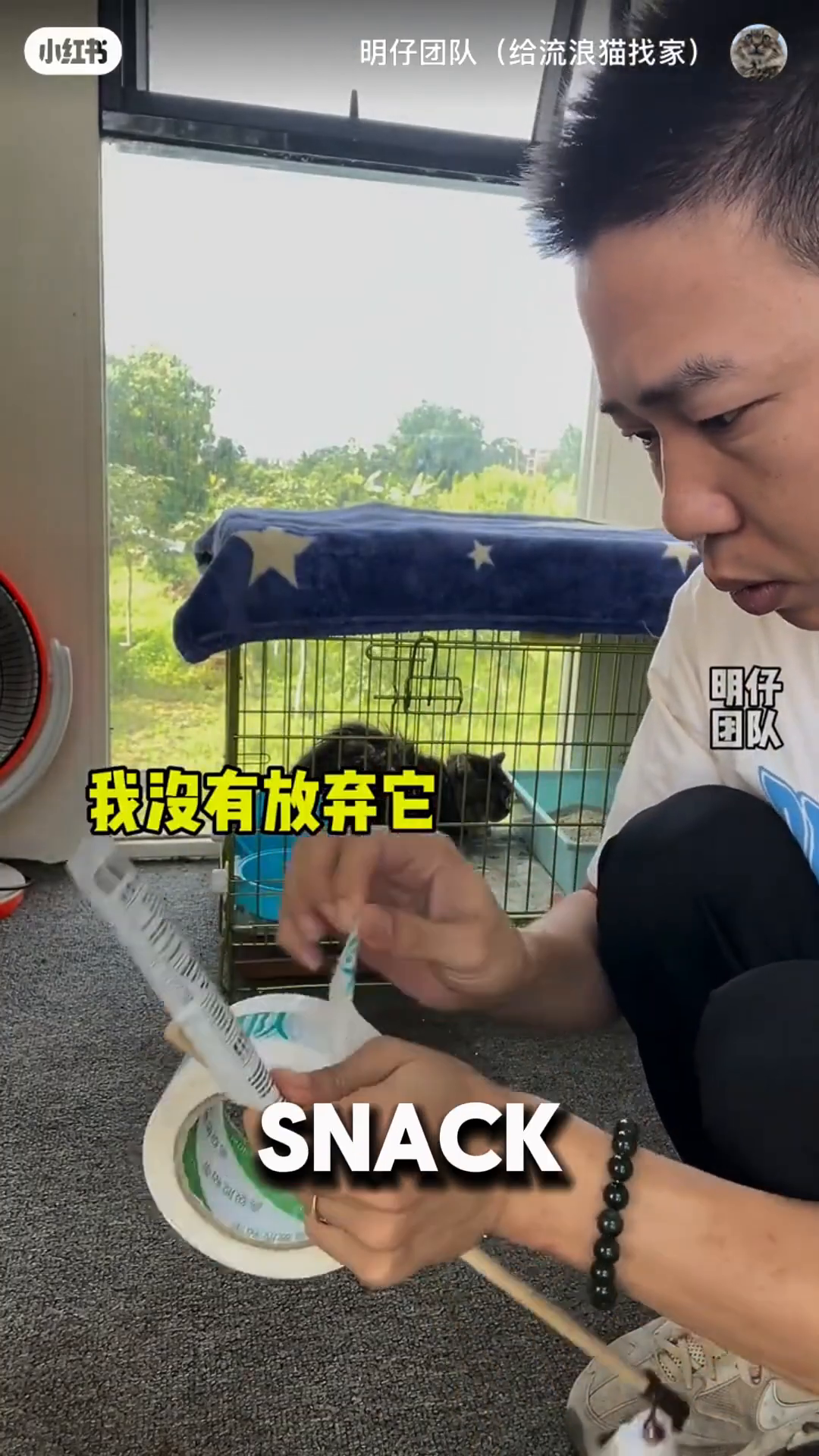 A hand holds a stick with a snack pouch attached, offering it to the cat inside the cage.
