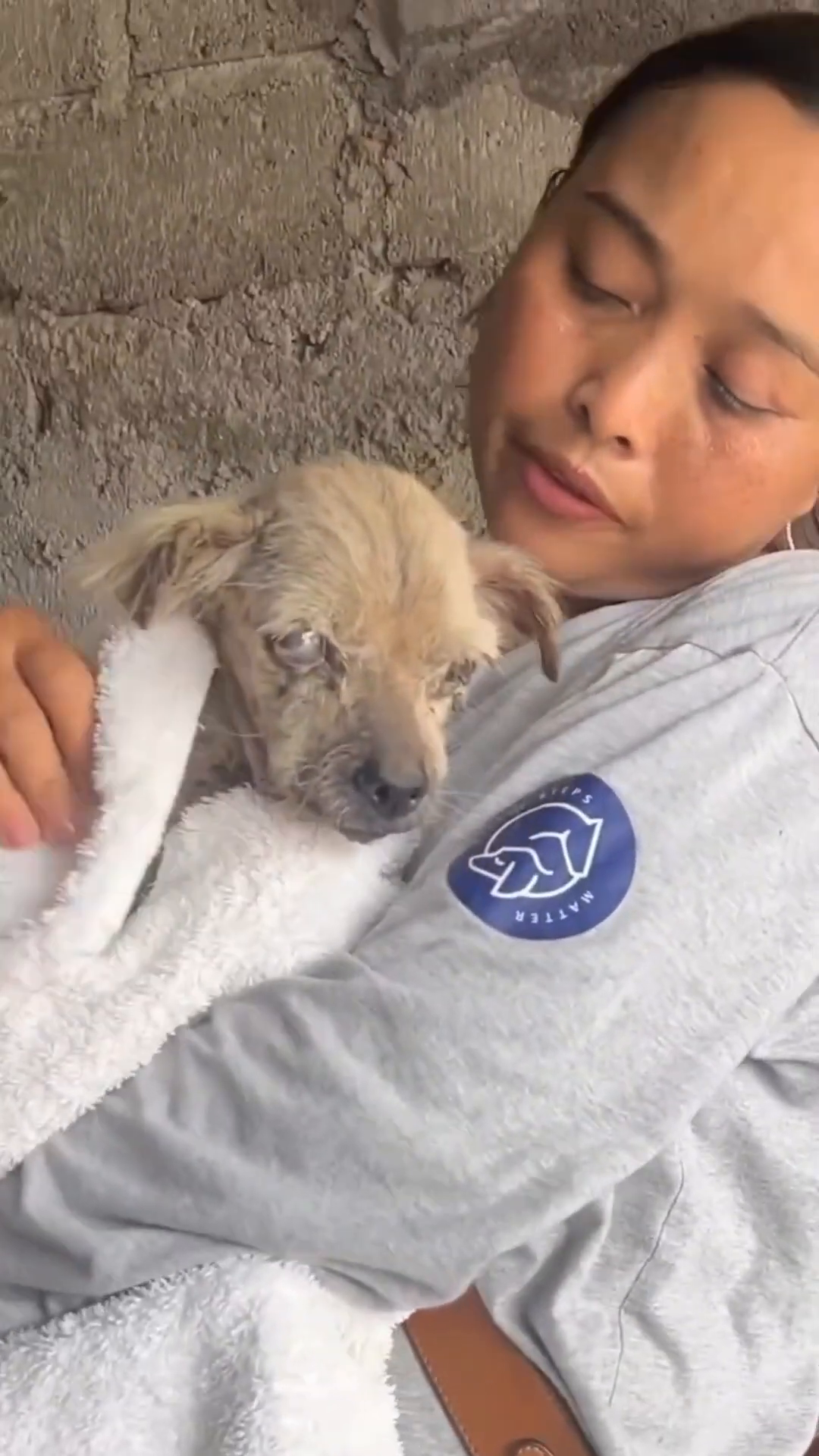 The puppy, Afie, is held securely in a towel by a woman, looking a little more settled but still fragile.