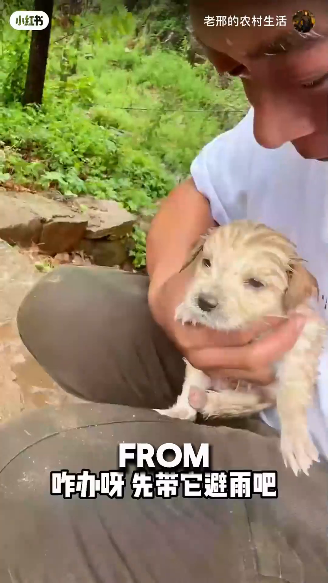 A man is holding a small puppy wrapped in his white t-shirt.