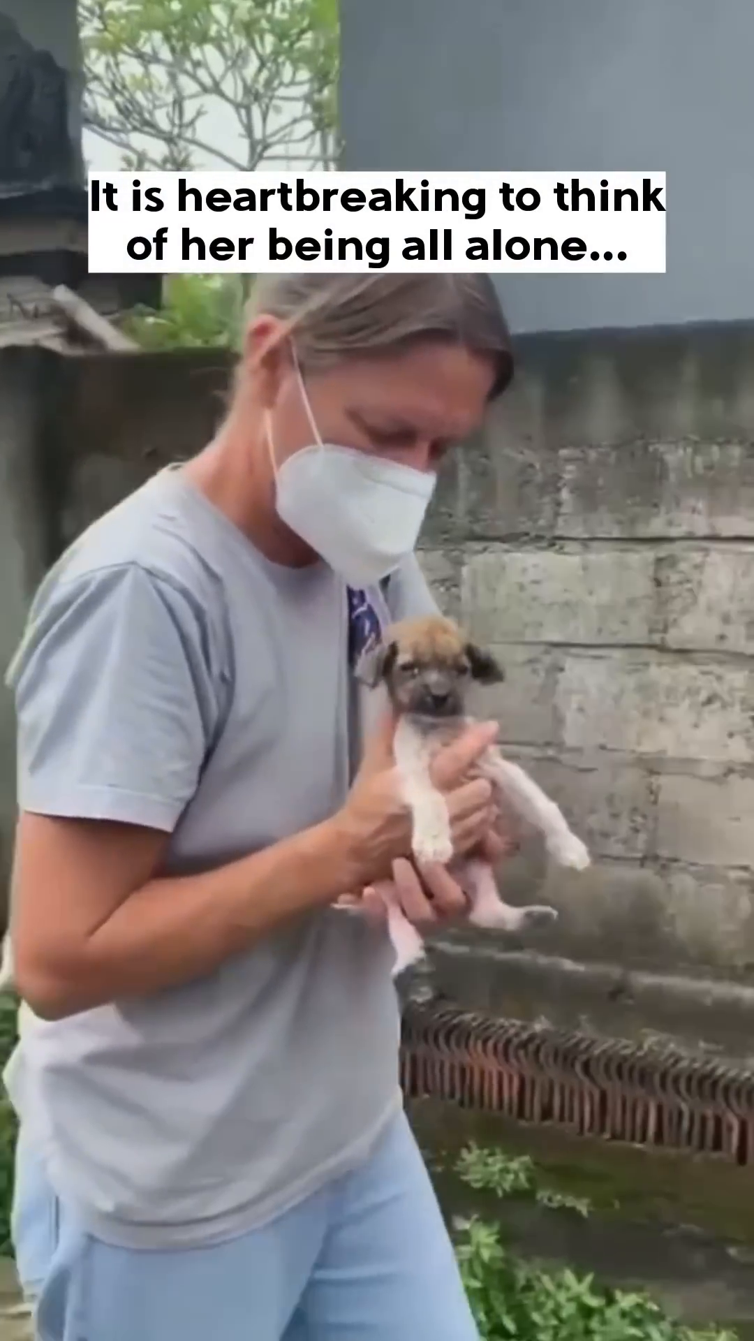 A person holds the small puppy gently, looking concerned.
