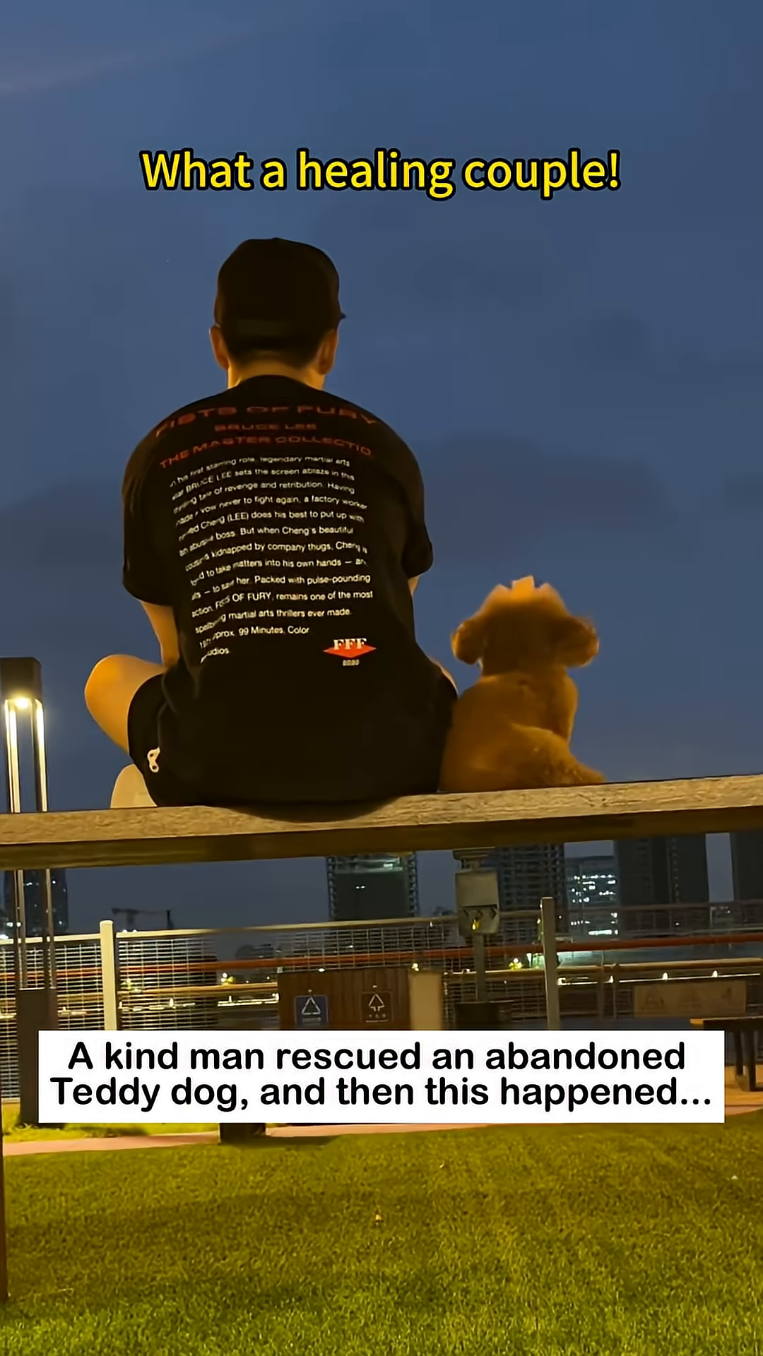 A man and the rescued teddy dog sit side-by-side, looking out at the evening sky.
