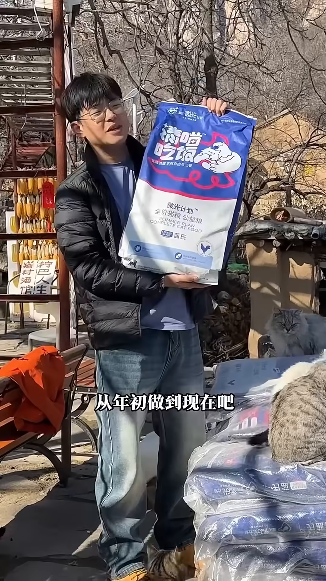 A visitor holding a large bag of cat food, with many cats gathered around.