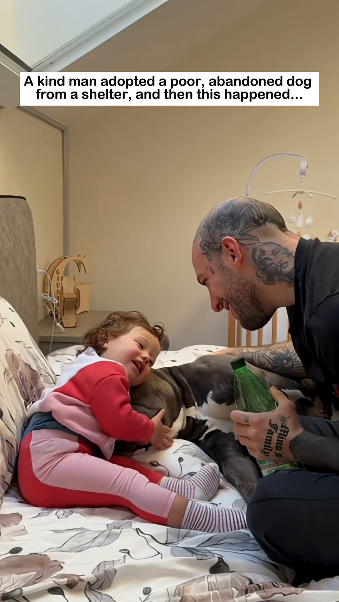 A family, including the man, the dog, and a child, celebrates a birthday with a cake and party hats.